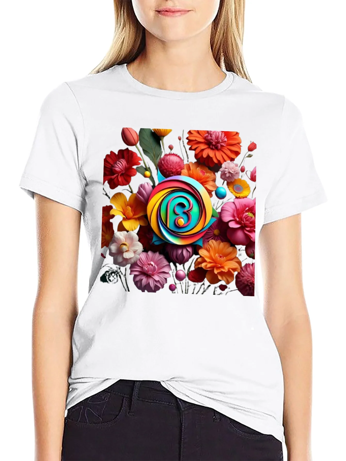 Floral Burst T-Shirt: Rainbow Letter Design