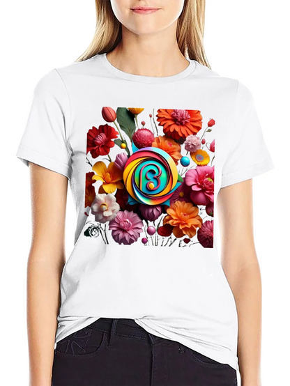 Floral Burst T-Shirt: Rainbow Letter Design