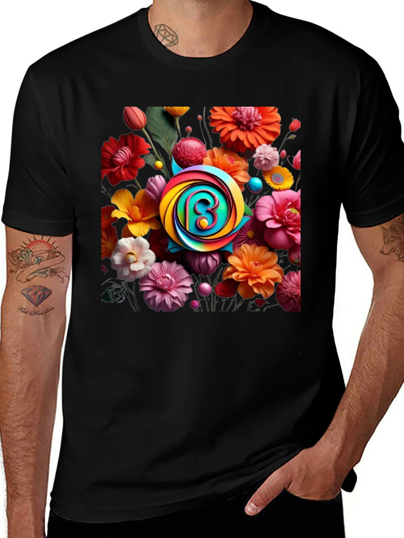 Floral Burst T-Shirt: Rainbow Letter Design
