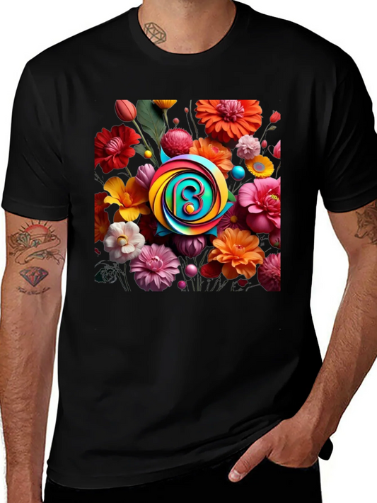 Floral Burst T-Shirt: Rainbow Letter Design