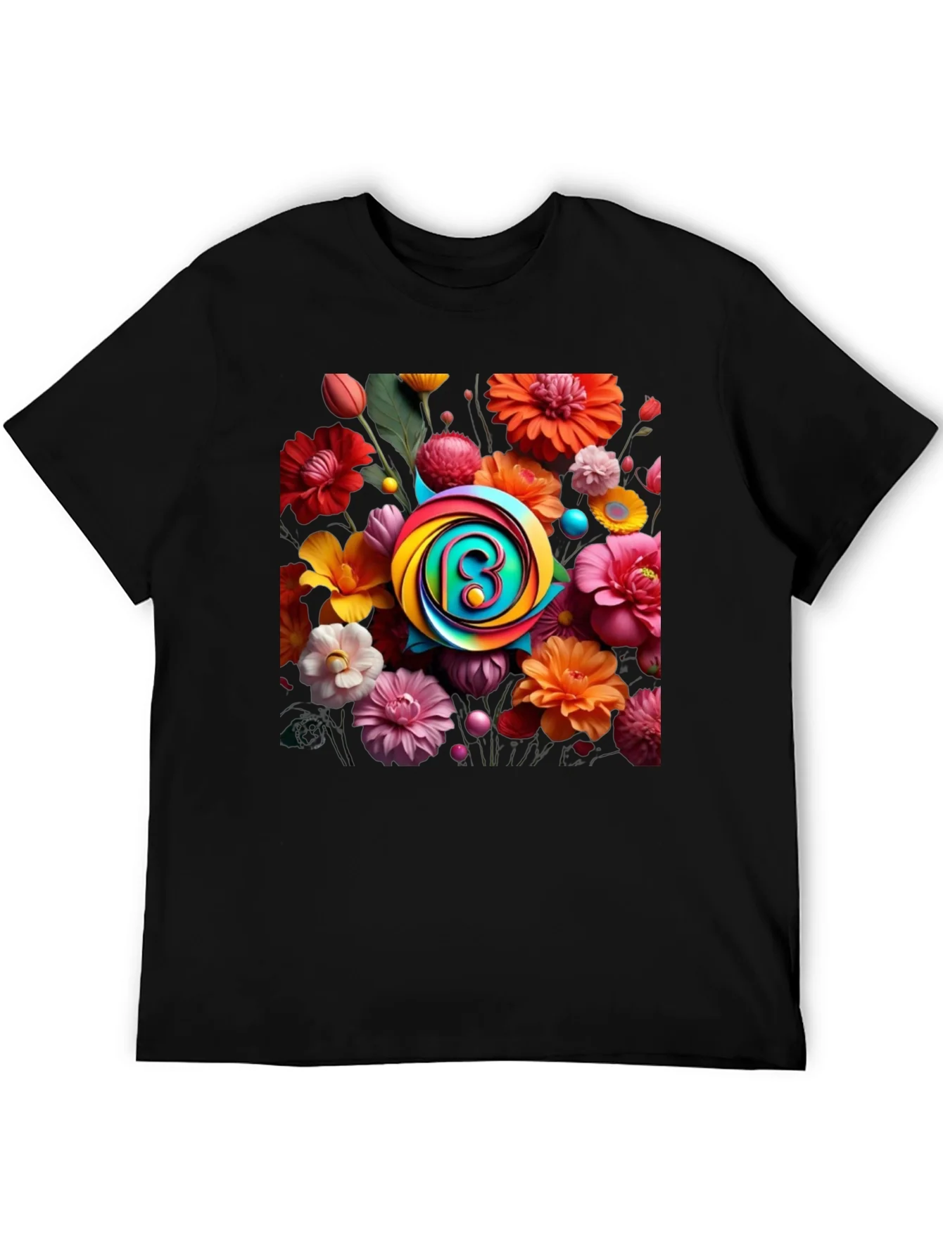 Floral Burst T-Shirt: Rainbow Letter Design