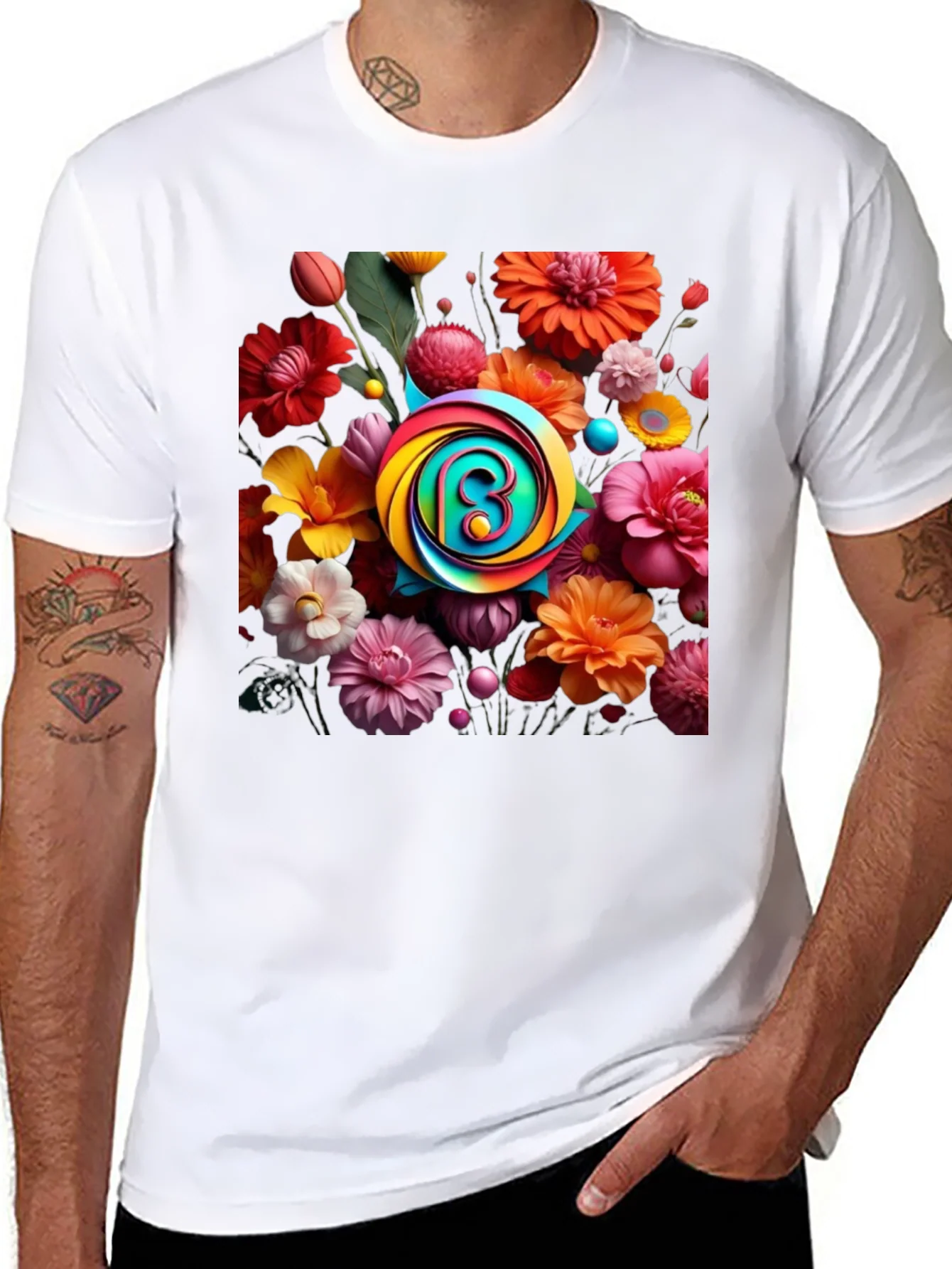 Floral Burst T-Shirt: Rainbow Letter Design