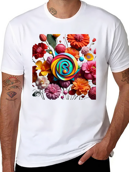 Floral Burst T-Shirt: Rainbow Letter Design