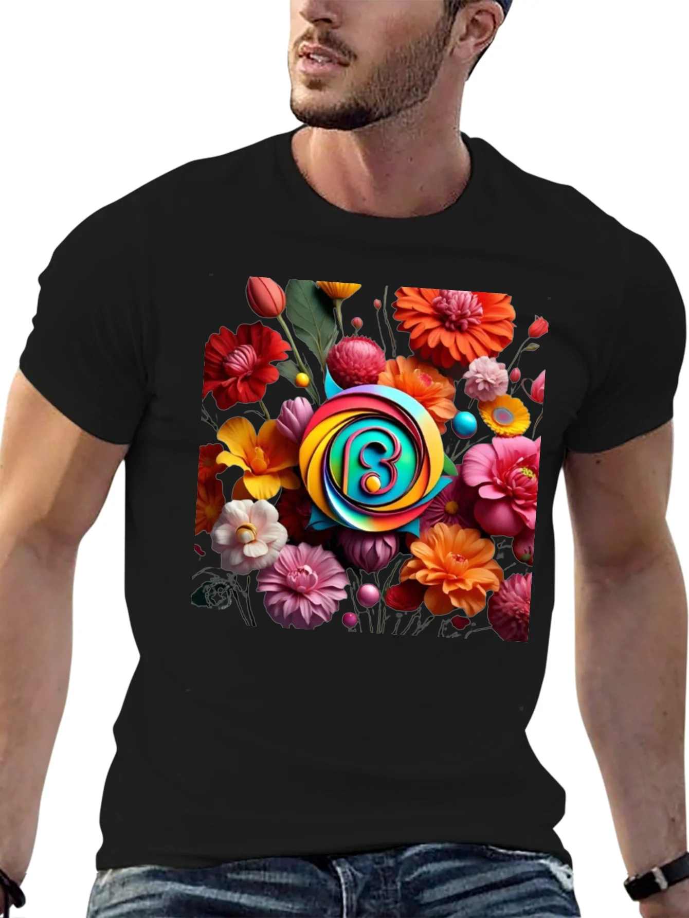 Floral Burst T-Shirt: Rainbow Letter Design