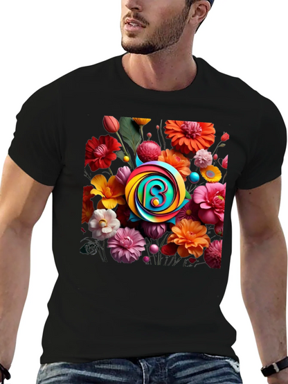 Floral Burst T-Shirt: Rainbow Letter Design