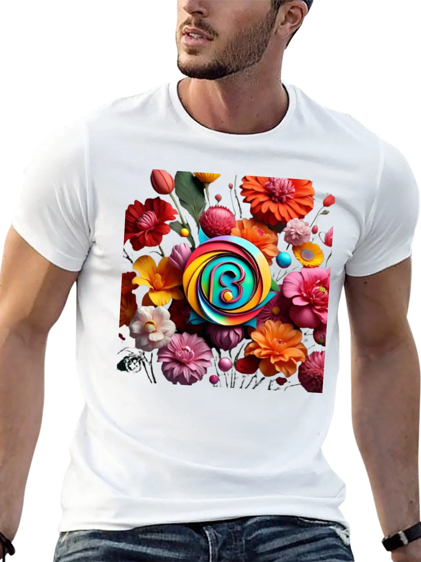 Floral Burst T-Shirt: Rainbow Letter Design