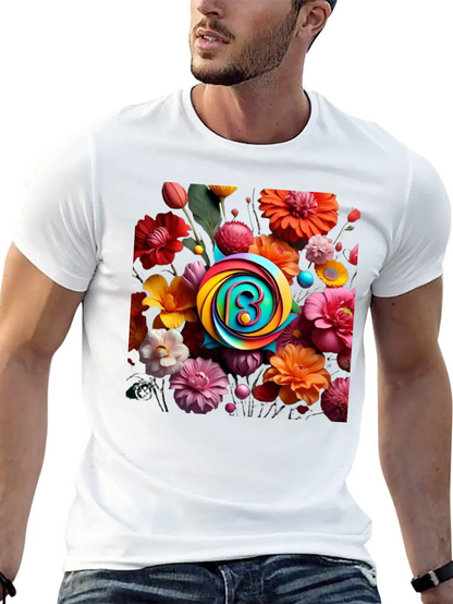 Floral Burst T-Shirt: Rainbow Letter Design