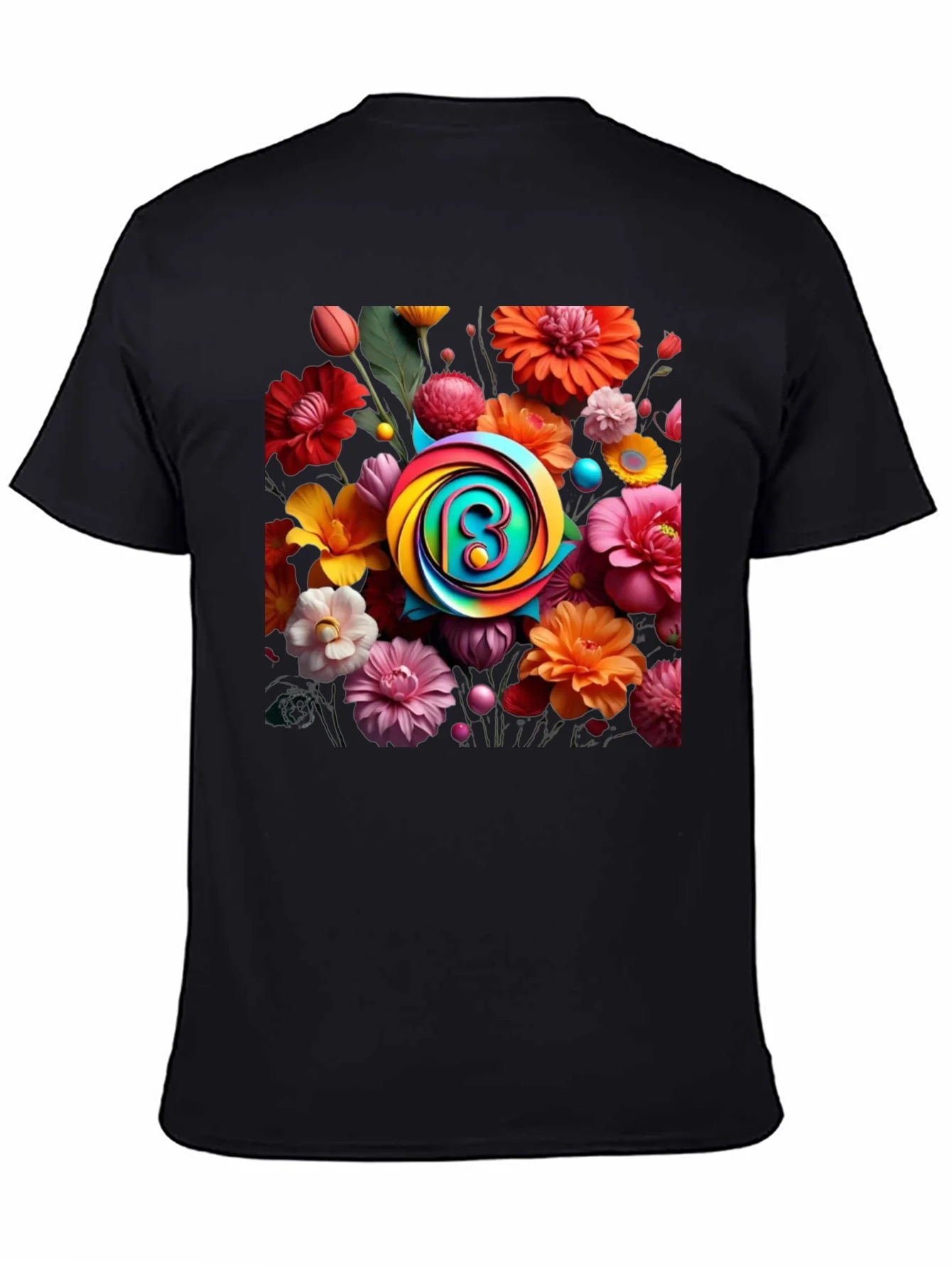 Floral Burst T-Shirt: Rainbow Letter Design