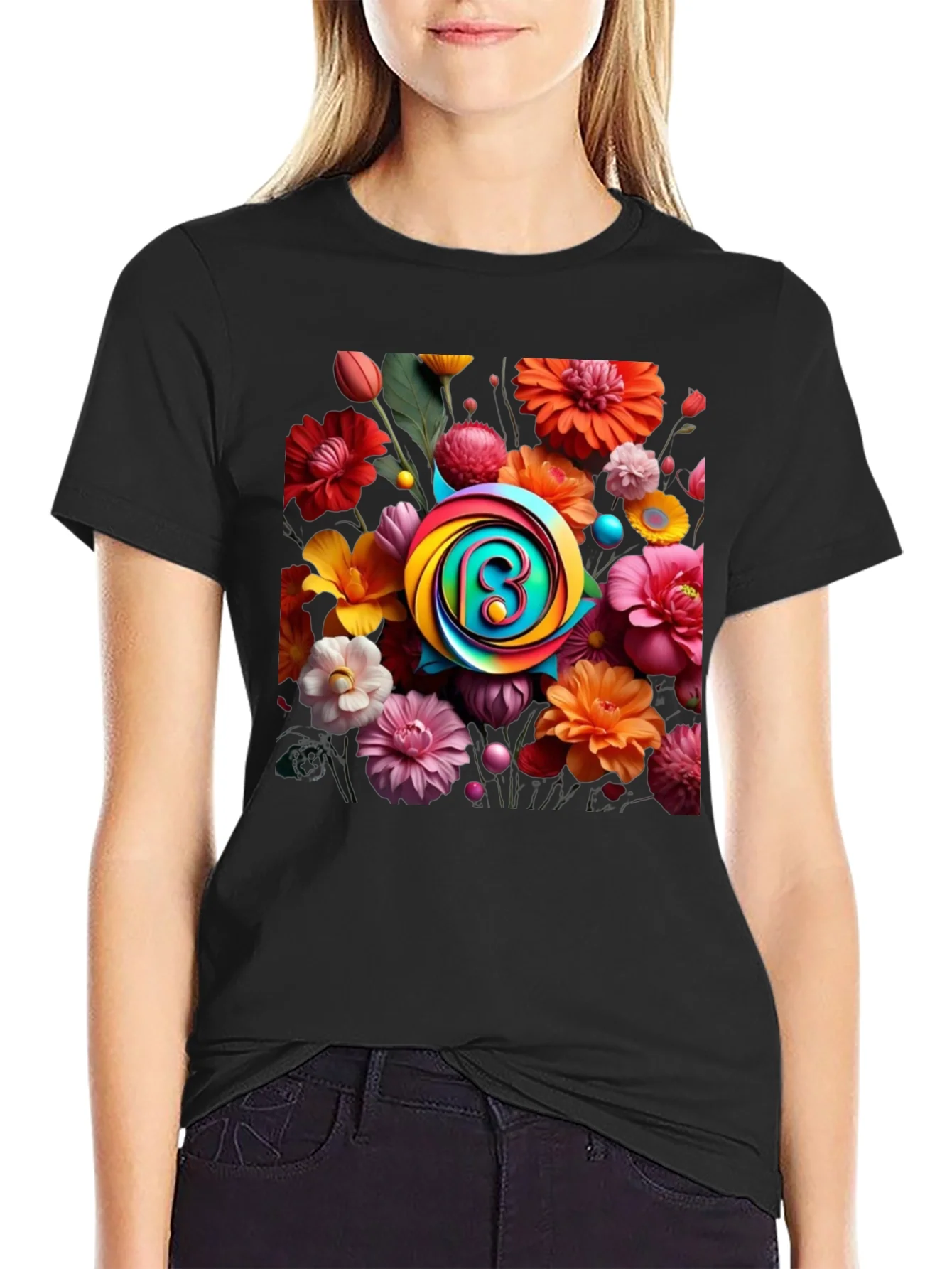 Floral Burst T-Shirt: Rainbow Letter Design