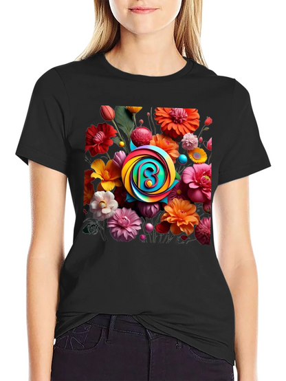 Floral Burst T-Shirt: Rainbow Letter Design