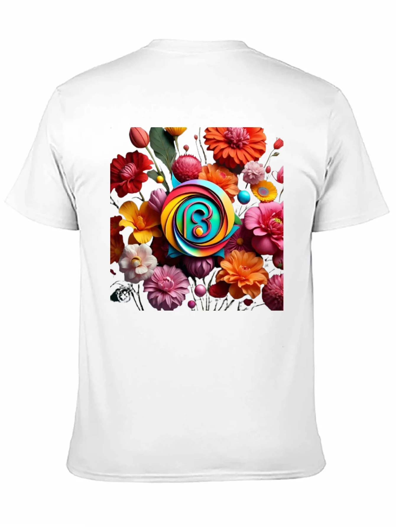 Floral Burst T-Shirt: Rainbow Letter Design